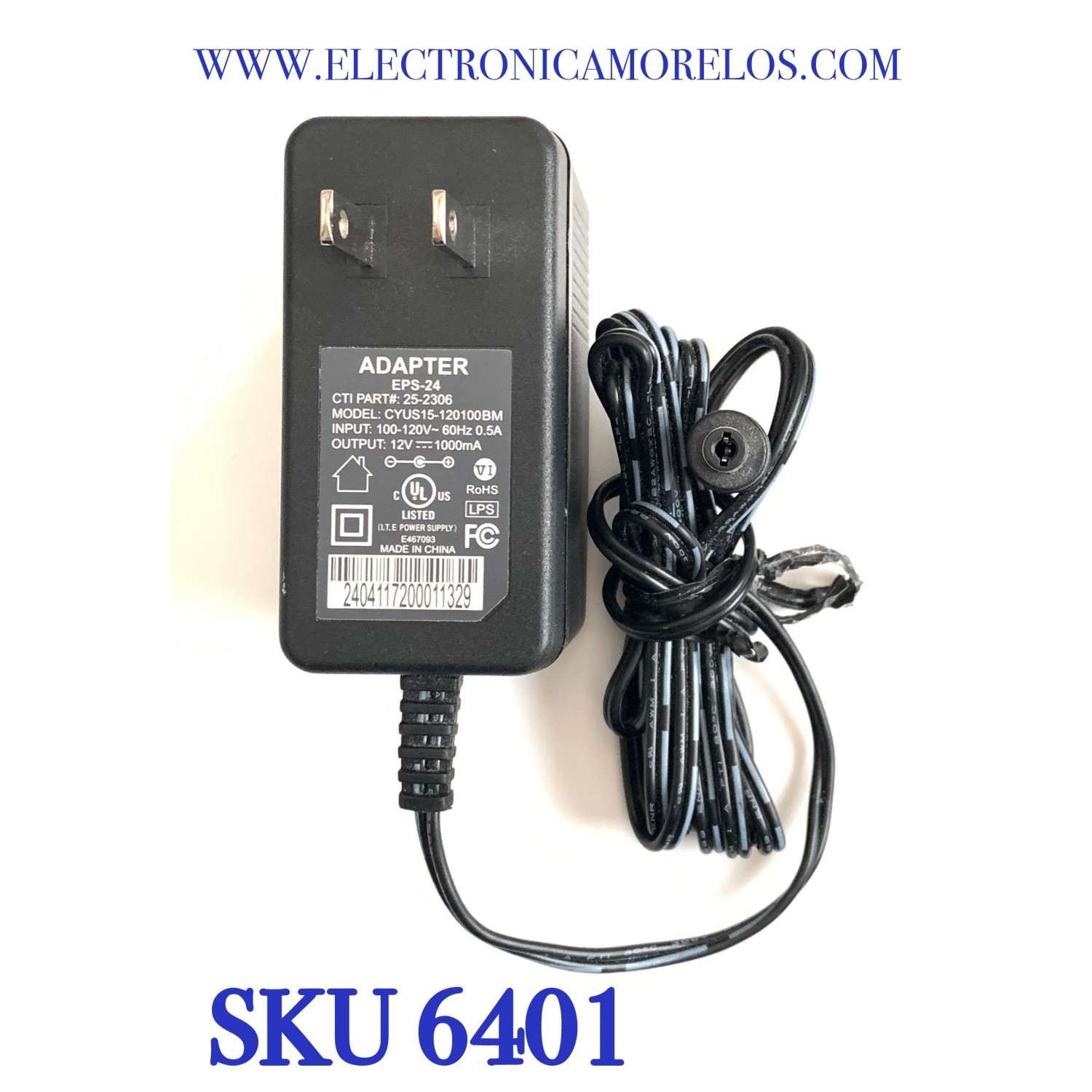 CARGADOR / ADAPTADOR DE FUENTE DE ALIMENTACION COMCAST / VCA-VCD / NUMERO DE PARTE 25-2306 / EPS-24 / ENTRADA VCA 100-120V~ 60HZ 0.5A / SALIDA VCD 12V 1000MA / MODELO CYUS15-120100BM